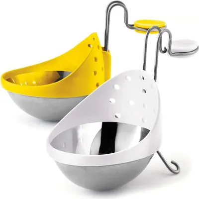 Two egg poachers, one yellow and one white, are shown against a white background.