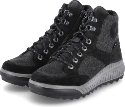 A pair of black and gray hiking boots.