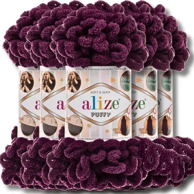 Produktbild von Alize 5x 100g Puffy Wolle, Uni, Häkeln, Stricken (Purple - 111)