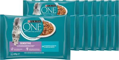 Produktbild von PURINA ONE SENSITIVE Katzenfutter nass mit Thunfisch, 4erPack à 85g (12er Pack (12 x 4 x 85g))