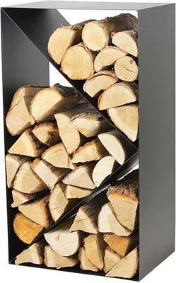 A black metal firewood rack filled with logs.