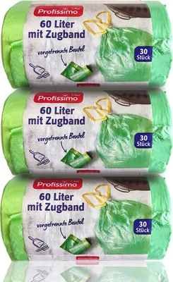 Zdjęcie produktu dla Profesjonalne worki na śmieci Profissimo, wytrzymałe i ekonomiczne, 60 litrów (90 sztuk), odporne na rozerwanie i wycieki, zestaw 3 sztuk (3 x 30 sztuk)