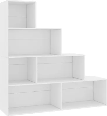 A white, modular shelving unit with a stepped design.