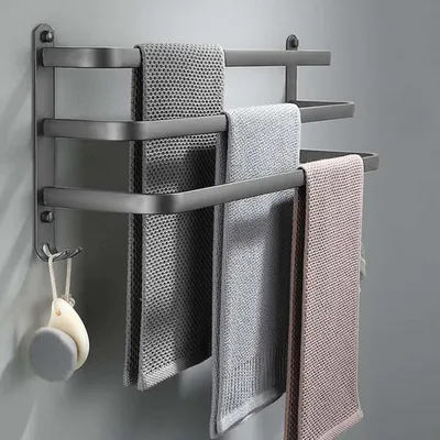Immagine prodotto di Portasciugamani autoadesivo, 60 cm, grigio, alluminio opaco, con 3 barre e ganci