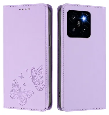 Obrázek produktu pro Kožené pouzdro pro Xiaomi 14 Pro, motýlí ražbou, peněženkové flip pouzdro se stojánkem Světle fialová