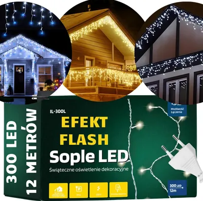 Zdjęcie produktu dla Lampki zewnętrzne świąteczne sople 300 led z efektem flash flesz światełka