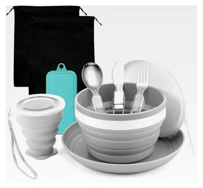 Produktbild von Faltbares Camping Geschirr Set mit Edelstahl Besteck für Reisen und Picknick (6 Stück)