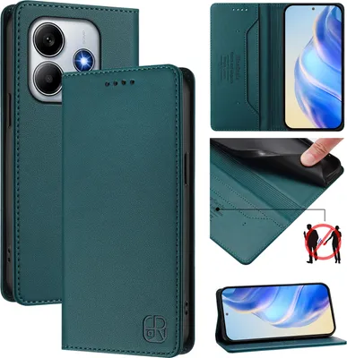 A collage of images showcasing a dark green leather flip wallet case for a Xiaomi Redmi Note 14 5G, highlighting its features like card slots, stand function, and protective qualities.