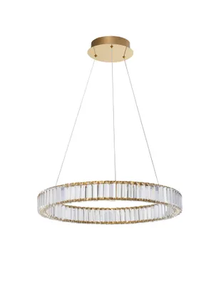 A modern chandelier with a circular design, featuring clear crystal elements and a gold-toned frame, suspended by thin wires from a circular gold-toned ceiling mount.
