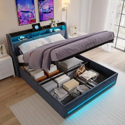 Obrázok produktu pre INONEFT čalúnená posteľ 140x190 cm s LED osvetlením a USB portmi, hydraulická posteľ s úložným priestorom, dvojlôžková posteľ s úložným priestorom a latkovým roštom, materiál: ľan, farba: sivá