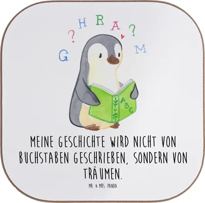 Produktbild von Mr. & Mrs. Panda Holzuntersetzer Pinguin Legasthenie - Weiß - Geschenk, Lese-Rechtschreibstörung, Rechtschreibstörung, Untersetzer Glas, für Gläser, Tasse, Design