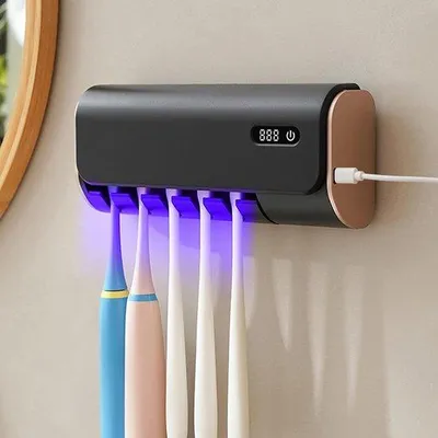 Obrázek produktu pro Držák na elektrické zubní kartáčky s 5 přihrádkami, funkcí sterilizace a sušení, vodotěsný a prachotěsný, pro děti i dospělé (černý).