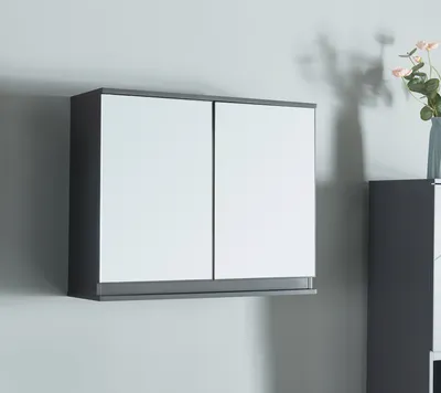 A wall-mounted bathroom cabinet with two mirrored doors against a light gray wall.