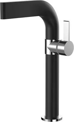 A black and silver faucet on a white background.