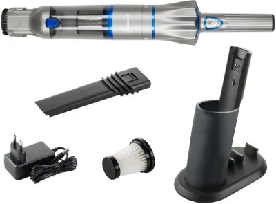 A collage of a cordless handheld vacuum cleaner and its accessories, including a charging stand, charger, crevice tool, and filter.