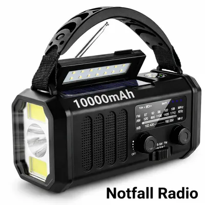 Produktbild von AIORBER Notfallradio mit Solar und Kurbel, 10000mAh Powerbank, LED Taschenlampe, SOS Alarm, robust und tragbar, Schwarz