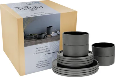 A product box for a tableware set, with some of the tableware stacked outside the box.