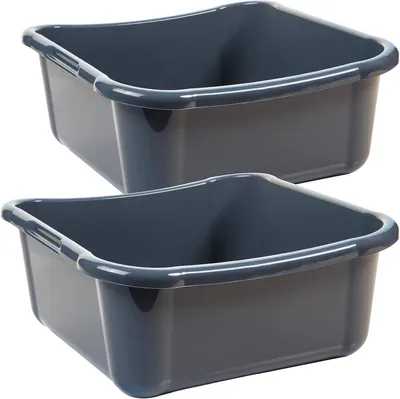 Two dark gray plastic washbasins are stacked on a white background.