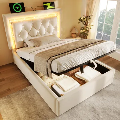 Image de Lit rembourré moderne, lit simple 90 x 200 cm, velours, avec bande LED en forme de diamant sur la tête de lit, port USB/Type-C, coffre de rangement hydraulique et sommier à lattes, sans matelas, beige