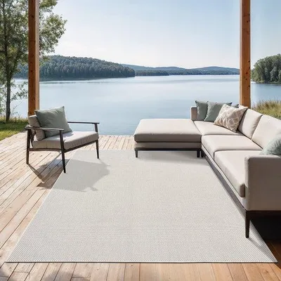 Productafbeelding van Unyqoos® Mistra Buitenkleed – Duurzaam, weerbestendig polypropyleen vloerkleed voor balkon, terras, serre en keuken, crème kleur, 300 x 400 cm