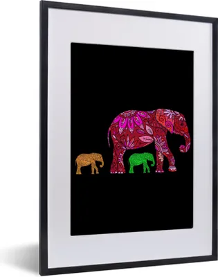 Produktbild von MuchoWow® MuchoWow® Gerahmtes Poster Elefant - Tiere - Muster - Blumen 30x40 cm - Poster mit zchwarzem Bilderrahmen - Wandposter Schlafzimmer