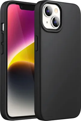 A black silicone phone case for an Apple iPhone 14 Plus is shown from a slightly angled front view, with the phone screen visible inside the case.