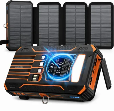Image de Batterie externe solaire 20000mAh Linomag®, charge rapide 3A, charge sans fil 15W, 4 panneaux solaires pliables, 4 câbles intégrés, 3 ports USB, lampe de poche LED, couleur orange