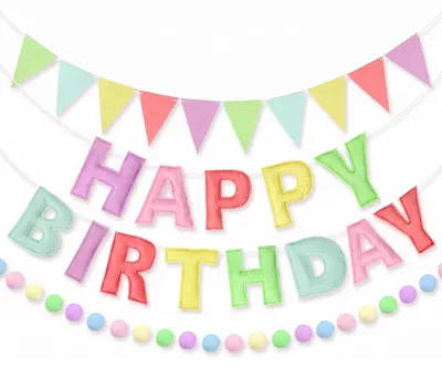 Happy Birthday Girlande mit Banner, Wimpel und Pompom, bunt
