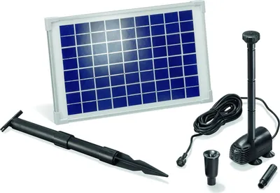 A solar-powered fountain pump kit with a solar panel, pump, and accessories, laid out on a white background.