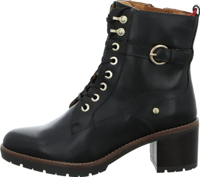 A black leather lace-up boot with a buckle detail and a block heel, shown from the side against a white background.