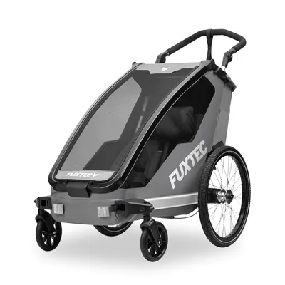 Produktbild von FUXTEC Fahrradanhänger FX-FA1S | Einsitzer faltbar mit Schiebegriff & Kupplung | Regenschutz | Sicherheitsfahne | 5-Punkt-Gurt | max. Zuladung 35kg Grau
