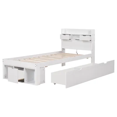 Produktbild von Flieks Einzelbett Jugendbett 90x200cm mit USB, Holzbett Stauraumbett mit Schubladen, Funktionsbett Kinderbett, Weiß