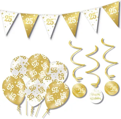 Produktbild von Geburtstagsdeko Set 25 Jahre, Weiß-Gold, Komplett, für Feierlichkeiten