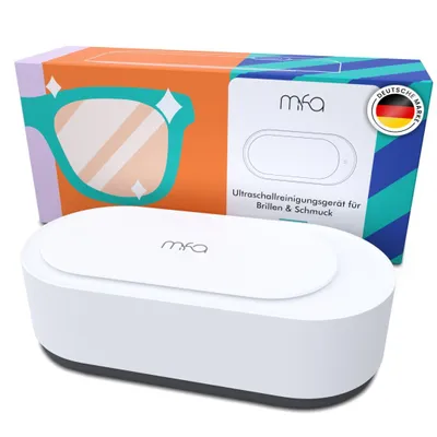 A white ultrasonic cleaner for glasses and jewelry is placed in front of its colorful packaging, which features a graphic of stylized glasses and the product name.