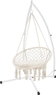 Produktbild von ML-Design Hängesessel Beige mit Gestell 208 cm, Hängestuhl mit Makramee, bis 120kg