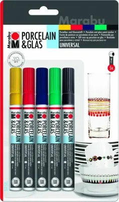 Obrázek produktu pro Marabu Basic, Černá, Modrá, Třešeň (ovoce), Máta, Žlutá, Barva na sklo, Tvrdý, 5 kusů