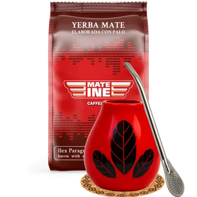 Produktbild von MATEINE Yerba Mate-Tee Set - Yerba Mate Mateine Caffeine 500g, Keramik mate tasse Hoja Rot 350ml und Bombilla 19cm - Paraguayische Yerba Mate