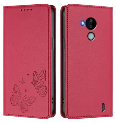 Obrázek produktu pro Kožené pouzdro pro Nokia C30, motýlí ražbou, peněženkové flip pouzdro se stojánkem Červená