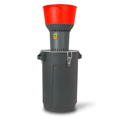 A product shot of an electric grain mill with a red hopper and a gray collection bucket, set against a white background.