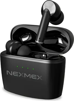 A pair of black wireless earbuds in their charging case, with one earbud partially removed.