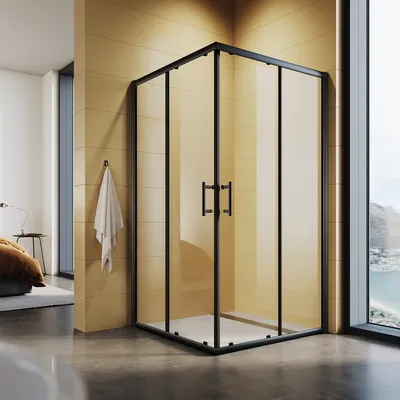 Image de SONNI Noir Cabine de douche accès d'angle double porte coulissante 100x100x195cm accès d'angle verre ESG Porte de douche Cabine de douche