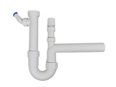 A white plastic sink siphon with a device connection and pipe extension, isolated on a white background.