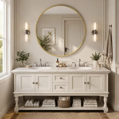 Productafbeelding van INONEFT Wandspiegel, Modern, Rond, 75 cm, Aluminiumframe, Gehard glas, Geschikt voor badkamer, woonkamer, slaapkamer, hal, Goud, AI-gegenereerde afbeelding