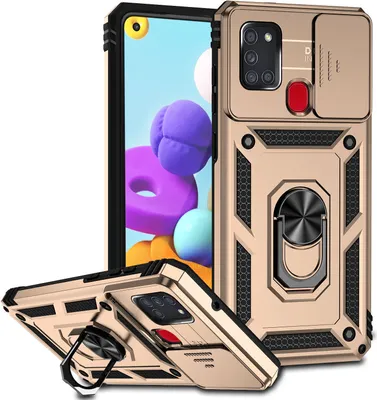 Produktbild von Galaxy A21S Hülle mit Schiebe Kamera Schutz und Ringhalter Ständer Robust Rüstung Schutzhülle für Samsung Galaxy A21S Gold