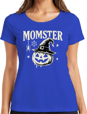 Produktbild von Momster Mama Halloween Kürbis Hexenhut Spinne Geschenk lustig Damen T-Shirt, Blau, XXL