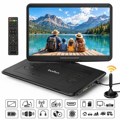 Zdjęcie produktu dla Przenośny telewizor o przekątnej 17,5 cala z wbudowanym odtwarzaczem DVD, cyfrowym tunerem DVB-T2, akumulatorem, wejściem HDMI, radiem FM, portem USB i czytnikiem kart SD