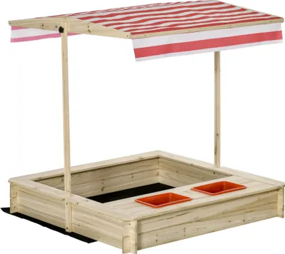 Produktbild von Outsunny Sandkasten Sandkiste Holz Bodenloses Design mit absenkbarem und schwenkbarem Dach Kurbeldach 2 Kunststoffeinsätzen für 3-8 Jahre Kinder Natur 118 x 118 x 118 cm