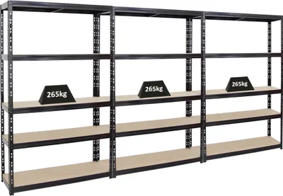 Produktbild von Mega Deal | 3x Schwerlastregal Giant Tiger | HxBxT 200x120x40cm | Fachlast 265kg | 5-Ebenen | Schwarz | Garagenregal, Lagerregal, Steckregal, Kellerregal, Werkstattregal