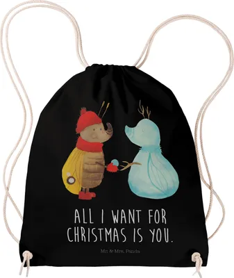 Produktbild von Mr. & Mrs. Panda rucksack beutel Nachtfalter Schneemann - Schwarz - Geschenk, Winterzeit, Weihnachten, Schnee, Winter, Sportbeutel, Jutebeutel, Weihnachtsgruß, wander