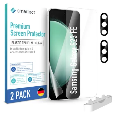 A product shot of a screen protector and camera lens protector for a Samsung Galaxy S23 FE.